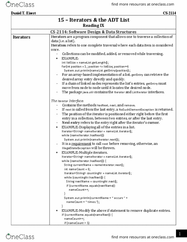 CS 2114 Chapter Notes - Chapter Iterators and List Iterators: Inner Class thumbnail